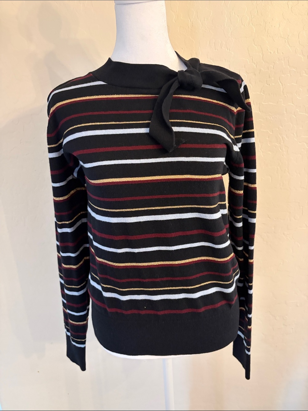 Ann Taylor Factory Black Striped Tie-Neck Sweater with Gold & Burgundy